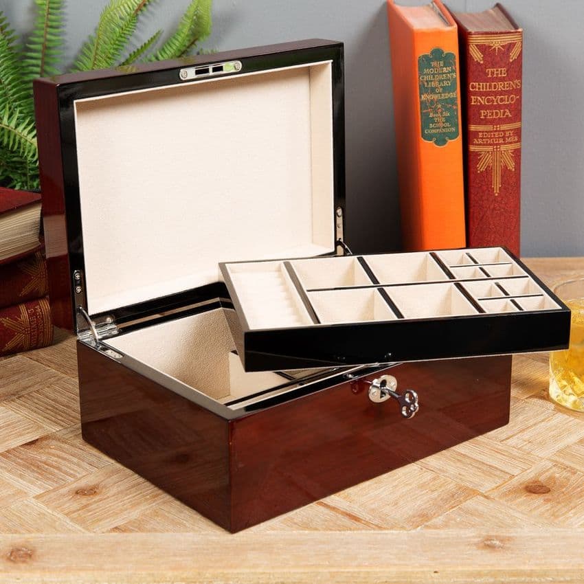 Large Gloss Finish Wooden Jewellery Box With Lock & Key By Stratton Of Mayfair suitable for both men and women