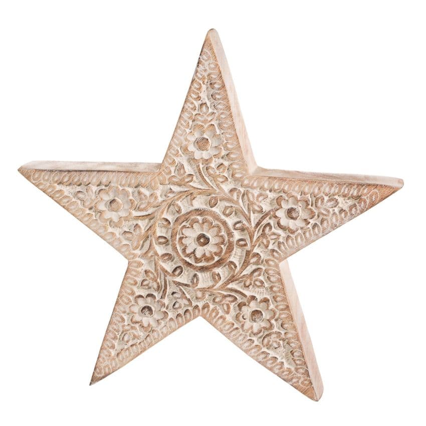 Large Natural Rustic Wooden Christmas Star Ornament Decoration - Sustainable Mango Wood
