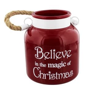 Large Red Glass Candle Holder Lantern with Rope Handle 'Believe In The Magic Of Christmas'