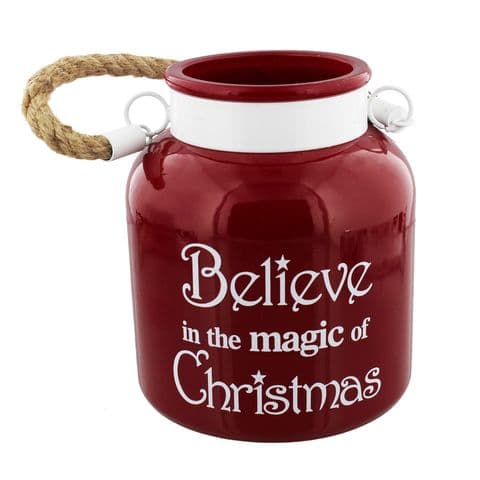 Large Red Glass Candle Holder Lantern with Rope Handle 'Believe In The Magic Of Christmas'