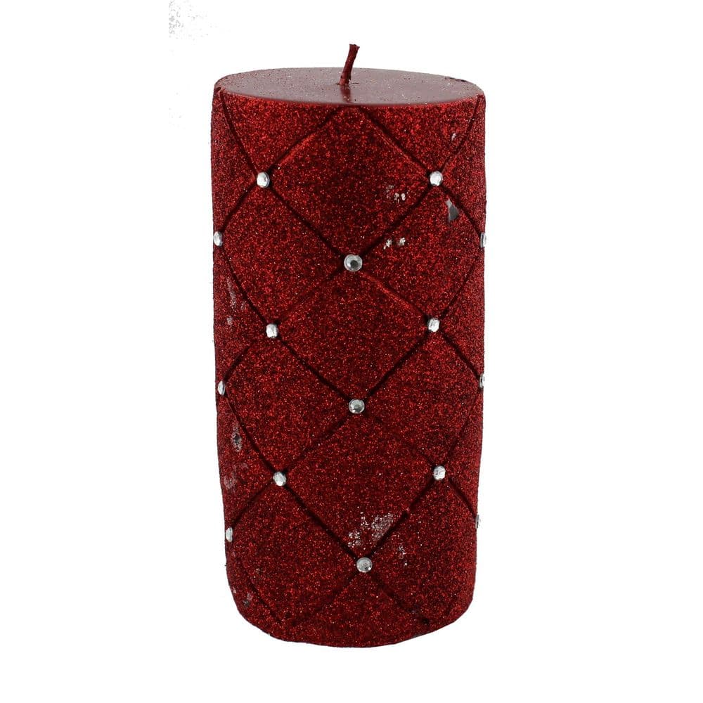 Large Red Pillar Candle With Glitter and Diamante - Red Christmas Candle