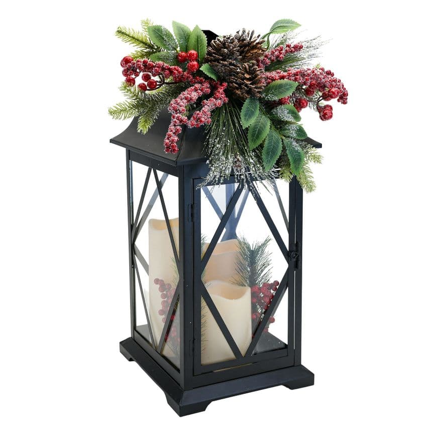 Extra Large Rustic Black Christmas Lantern With 3 LED Candles. Light up Christmas lantern ornament.