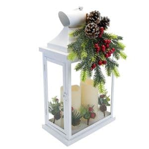 Large White Christmas Lantern With LED Candles 51cm x 25cm