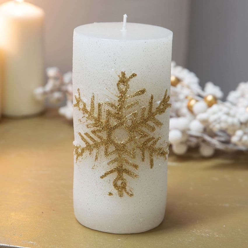 Large White & Gold Pillar Candle With Glitter Snowflake Embellishment Extra Special Christmas Dinner Candle