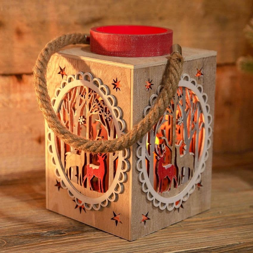 LED Light Up Alpine Escape Wooden Lantern Christmas Ornament With Rustic Rope Handle