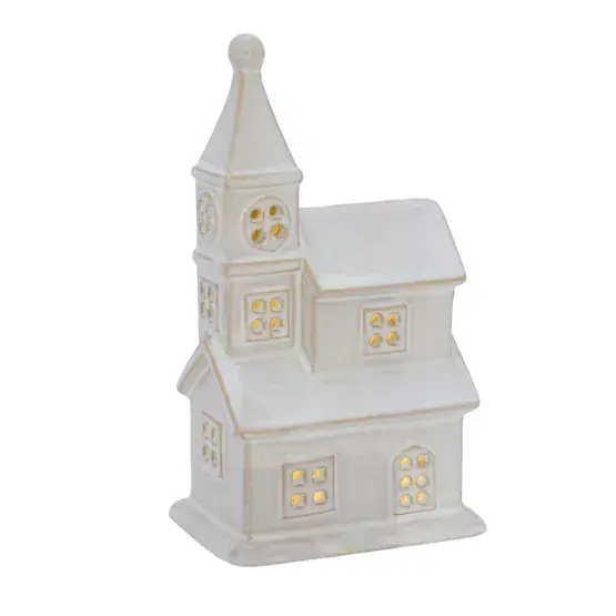 LED Light Up Ceramic Church Christmaas Ornament - White Christmas Decoration