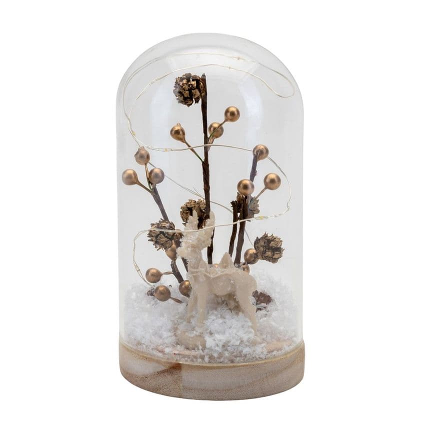 Light Up Christmas cloche ornament LED Dome Winter Scene With Berries Cones and Deer