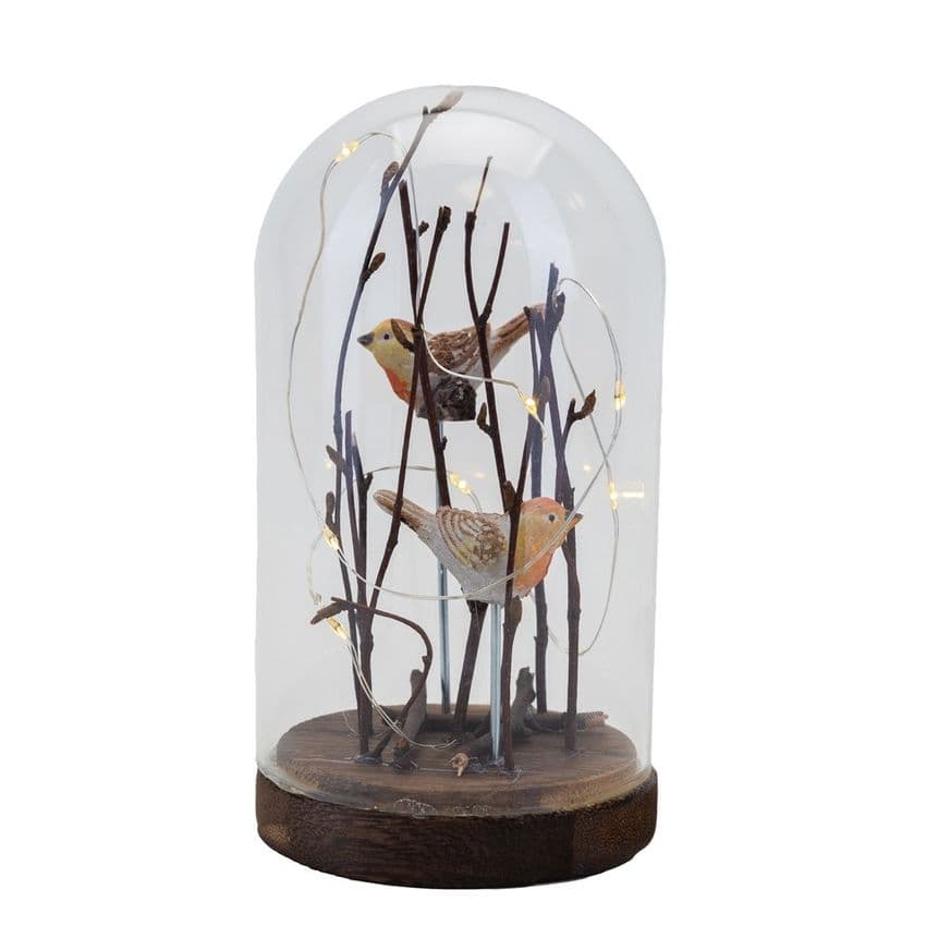 Light Up Glass Cloche Dome With Robins Christmas Ornament Winter Scene