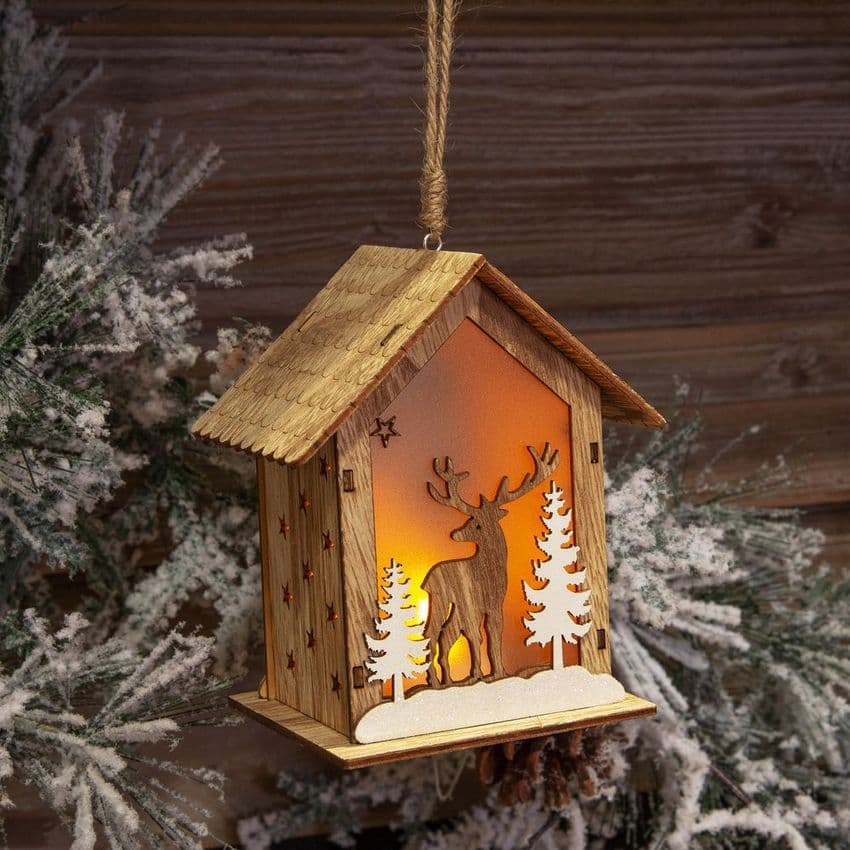 Light Up Wooden House Hanging Decoration Christmas Ornament. Natural woodland Christmas Decoration