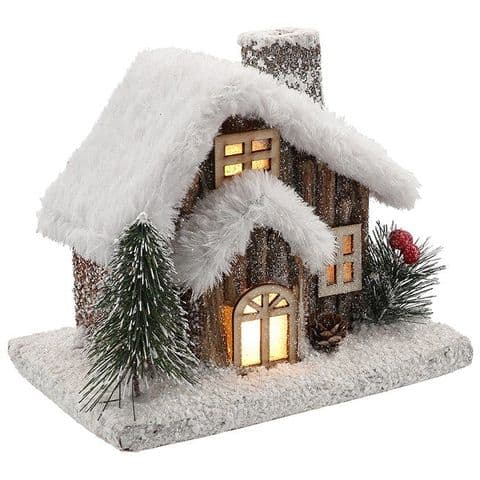Light Up Woodland House with Porch & Chimney – LED Snowy Christmas Decoration