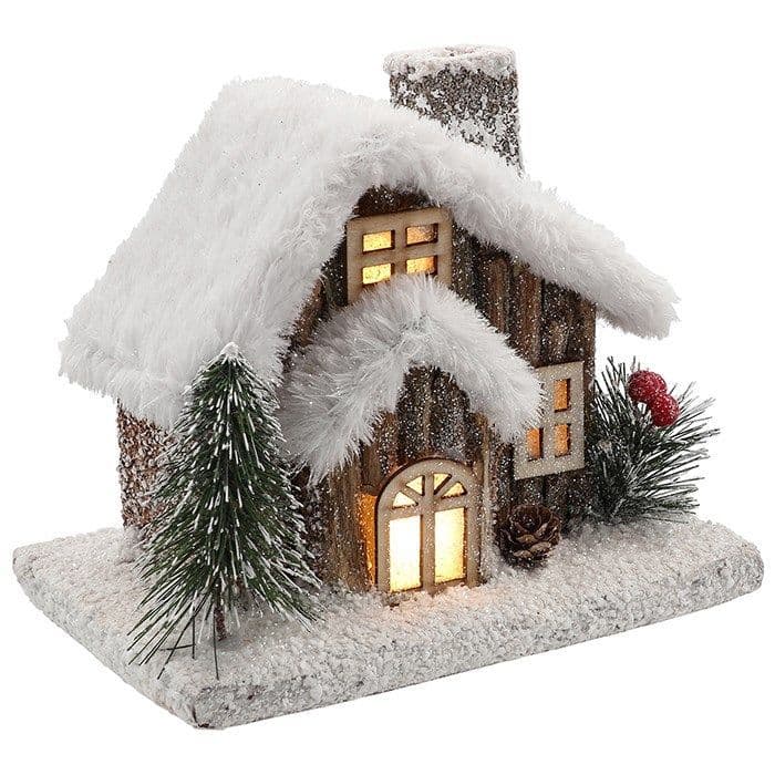 Light Up Woodland House with Porch & Chimney – LED Snowy Christmas Decoration UK