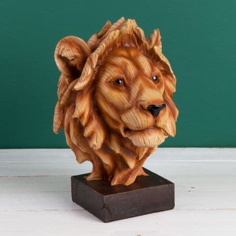 Lion Head Home Ornament - Wood Effect Resin Lions Head Figurine
