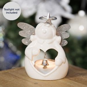 Little White Angel Christmas Candle Holder - Ceramic T Light holder silver and white