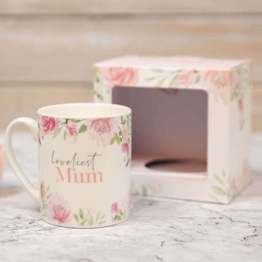 Lovliest Mum New Bone China Floral Mug in Gift Box with heartfelt sentimental verse