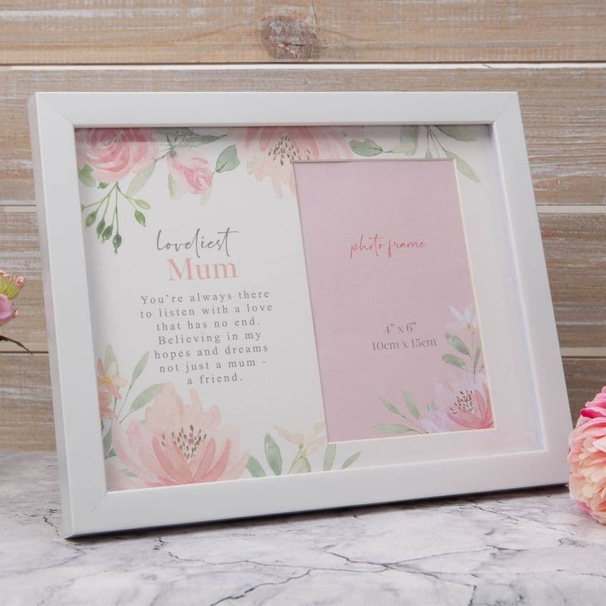 Lovliest Mum White Wooden and Pink Floral Photo Frame With Verse For Mum. Birthday and Mothers Day gift