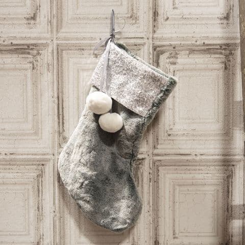 Luxury Grey Fur & Silver Glitter Sequin Christmas Stocking With Pom Poms