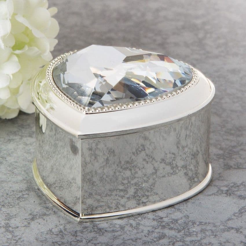 Luxury Silver and Crystal Heart Shaped Ring Box With Velvet Interior. Engagement or eternity ring special presentation box.