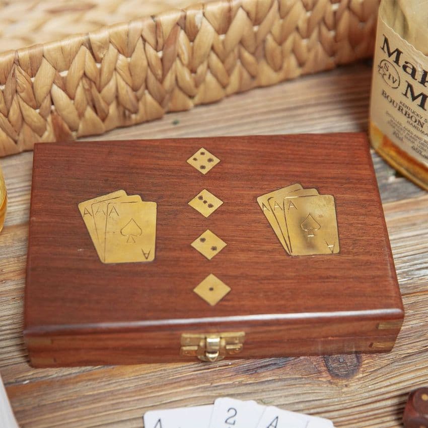 Luxury Wooden Card & Dice Gift Set - Rosewood Box and Dice with Brass Inlay. Retro quality gift for men.