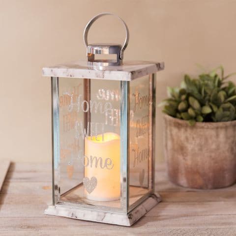 Marble effect glass lantern with LED candle and Home Sweet Home etching