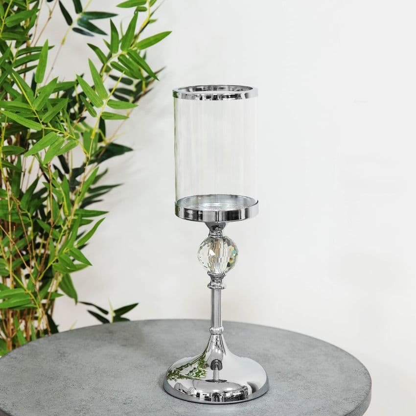 Luxury Chrome Finish Glass Candle Holder 37cm. Luxury pillar candle holder center piece with crystal details