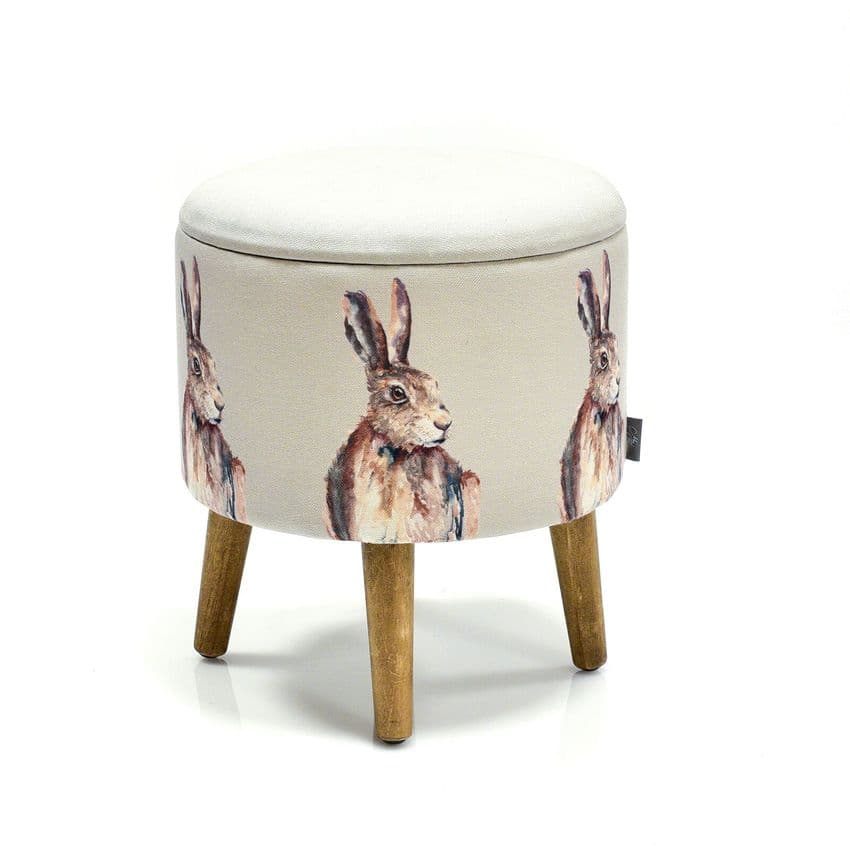 Country Cottage Hare Design round storage stool illustrated with hare print by renowned British artist Meg Hawkins.