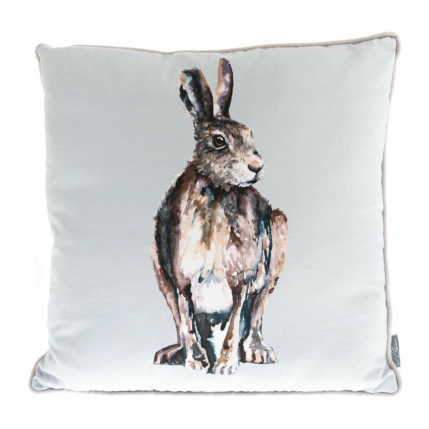 Country Cottage Hare Design Linen scatter cushion illustrated with print by renowned British artist Meg Hawkins.