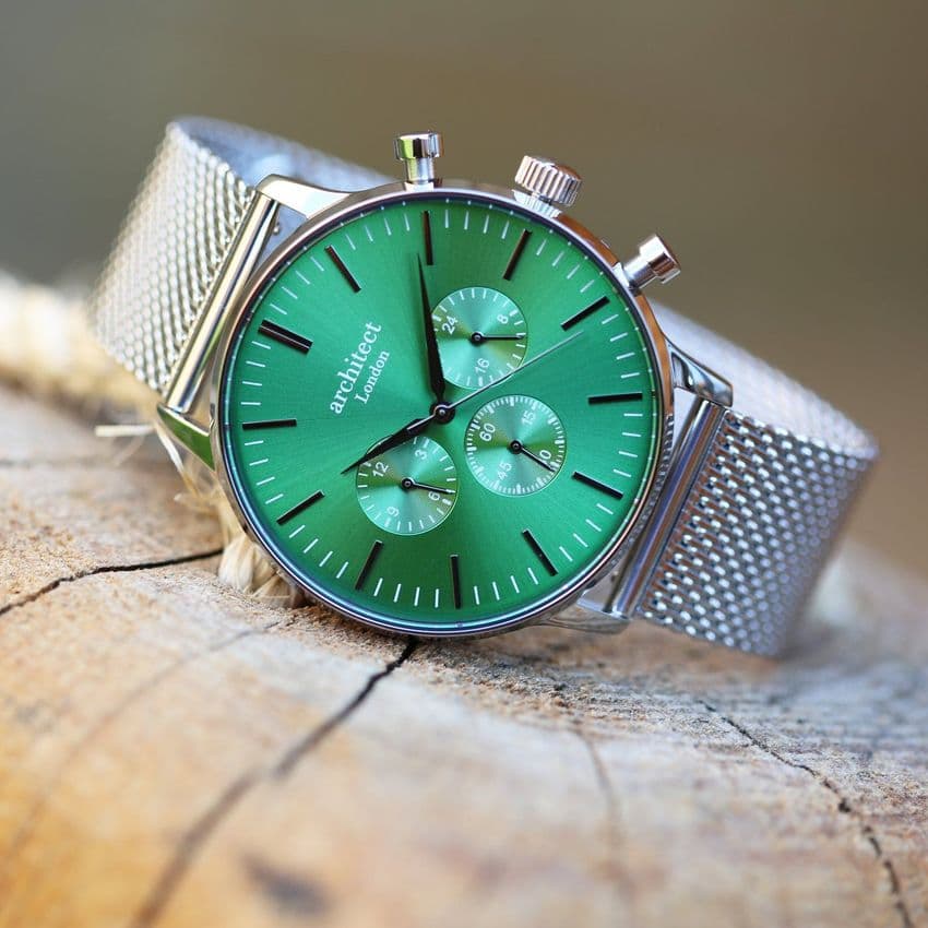 Men's Personalised Watch gift In Envy Green by Architect Of London. Engrave with your own message.