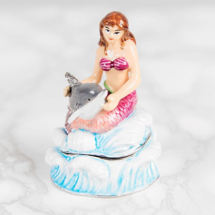 Mermaid With Dolphin Trinket Box - Treasured Trinkets Collectable Jewellery Box gift and cake topper keepsake.