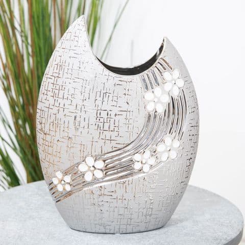 Metallic Gunmetal Grey Oval Vase With White Flowers 29cm