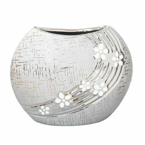 Metallic Gunmetal Grey Round Vase With White Flowers 20cm