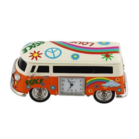 Miniature Clock Gift - Decorative Orange "Peace" Camper