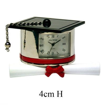 Miniature Clock Gift For Graduation - Mortar Board Hat & Scroll. Graduation gift idea for her and him