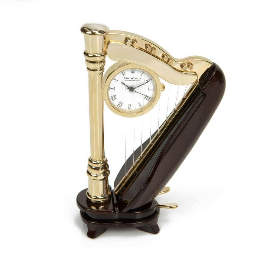 miniature clock - gold harp gift for music lovers and harp players. gift idea for men and women.