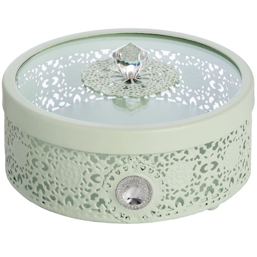 Mint Green Metal Lace Storage Box - Vintage Style Round Metal Dressing Table Storage Box