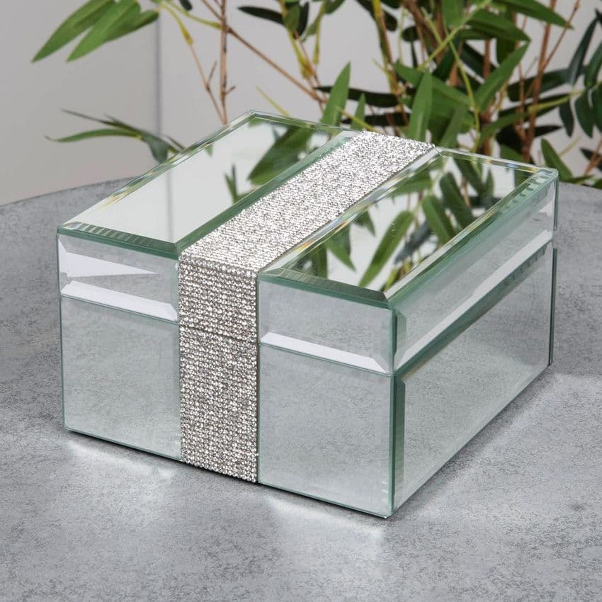Mirror Glass Jewellery Box With Diamante Band. Ladies jewellery box gift.