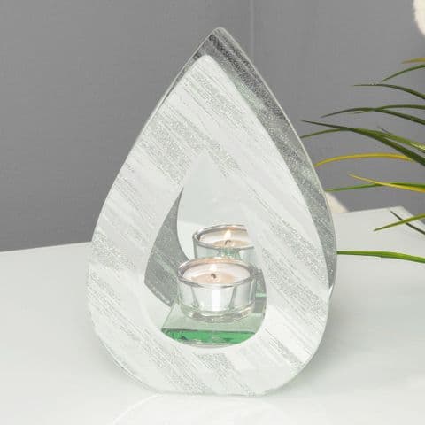 Mirror Glitter Teardrop Candle Holder - Contemporary White and Silver Tealight Holder Ornament