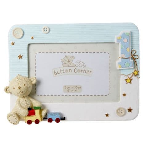 My First Birthday Button Corner Photo Frame Blue