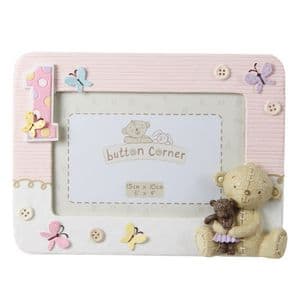My First Birthday Button Corner Photo Frame Pink