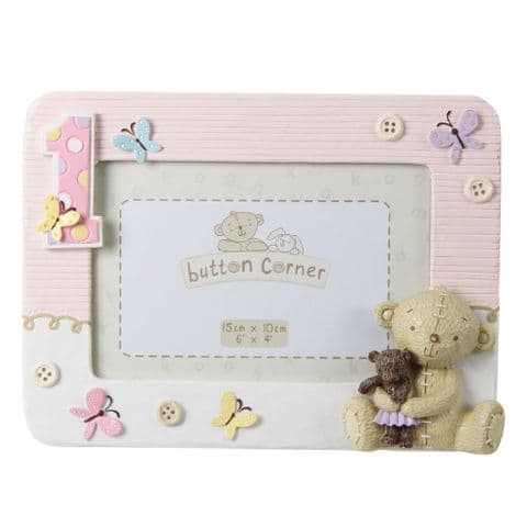 My First Birthday Button Corner Photo Frame Pink