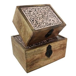 Natural Dark Wooden Boxes With Copper Glass Mosaic Decoration Set of 2 Vintage Boxes