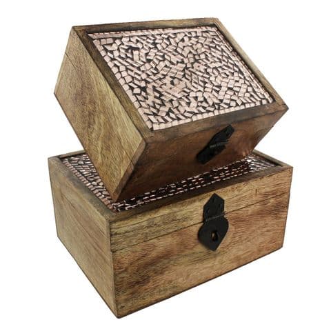 Natural Dark Wooden Boxes With Copper Glass Mosaic Decoration Set of 2 Vintage Boxes