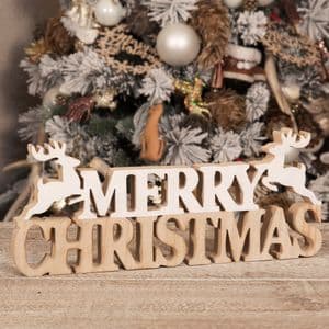 Natural Rustic Merry Christmas Wooden Sign Mantel Plaque with Reindeers