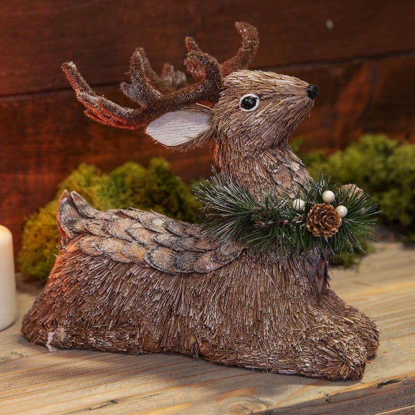 Natural Rustic Sitting Reindeer Woodland Christmas Decoration Ornament
