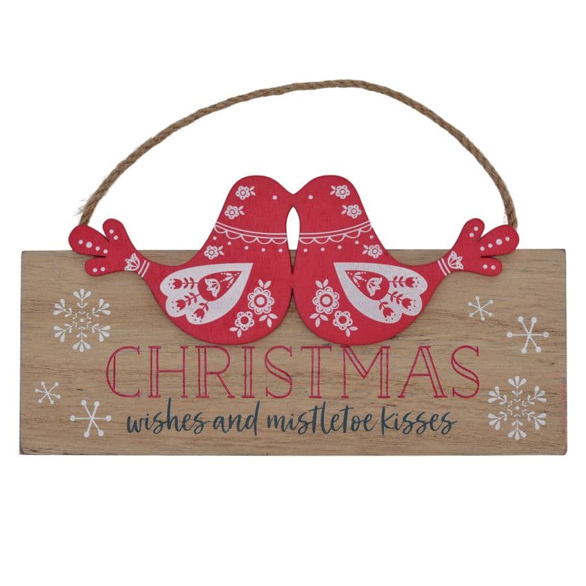 Nordic Scandi Folk Wooden Christmas Kissing Birds Hanging Plaque Home Sign Decoration