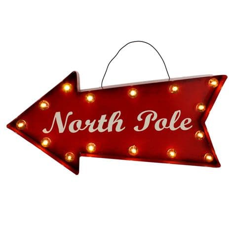 North Pole Light Up Sign - Industrial style metal christmas sign - Red LED North Pole Christmas Sign