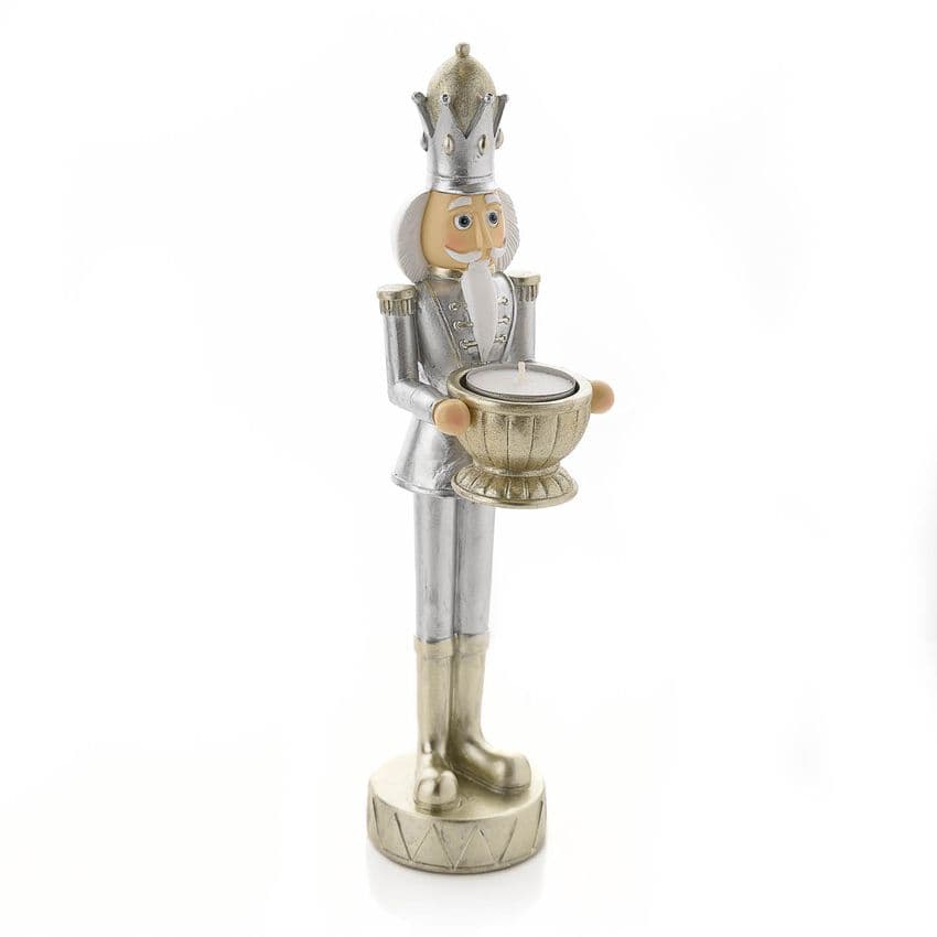 Nutcracker Candle Holder White Silver & Gold Christmas Ornament Figurine