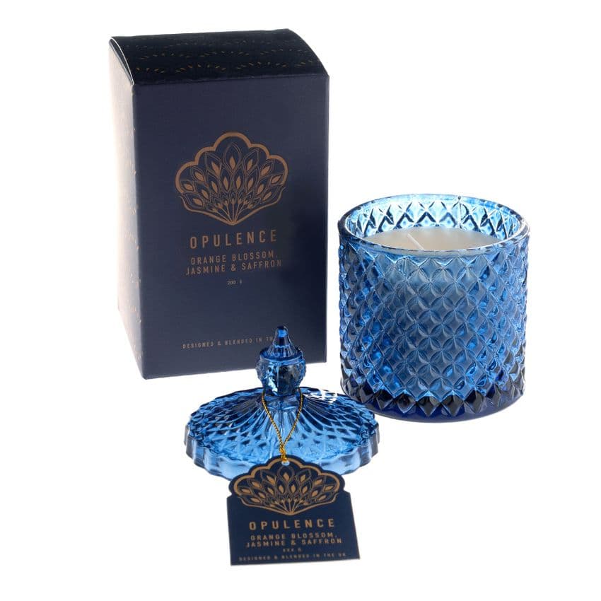 Opulence Large Blue Glass Scented Candle - Orange Blossom and Jasmine Fragrance Gift