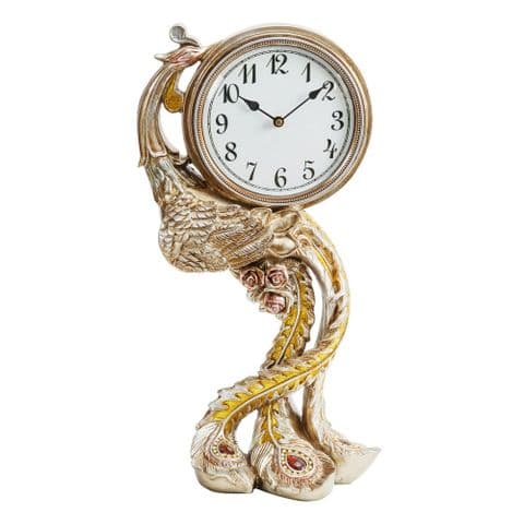 Ornate Bronze Finish Luxury Peacock Mantel Clock With Red Crystals
