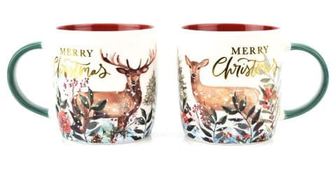 Pair Of Christmas Reindeer Mugs In Gift Box His & Hers