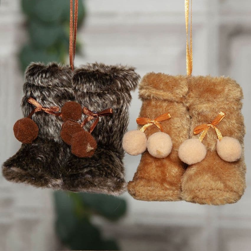 Pair Of Fluffy Boots Nordic Hanging Christmas Tree Decorations Woodland Decor